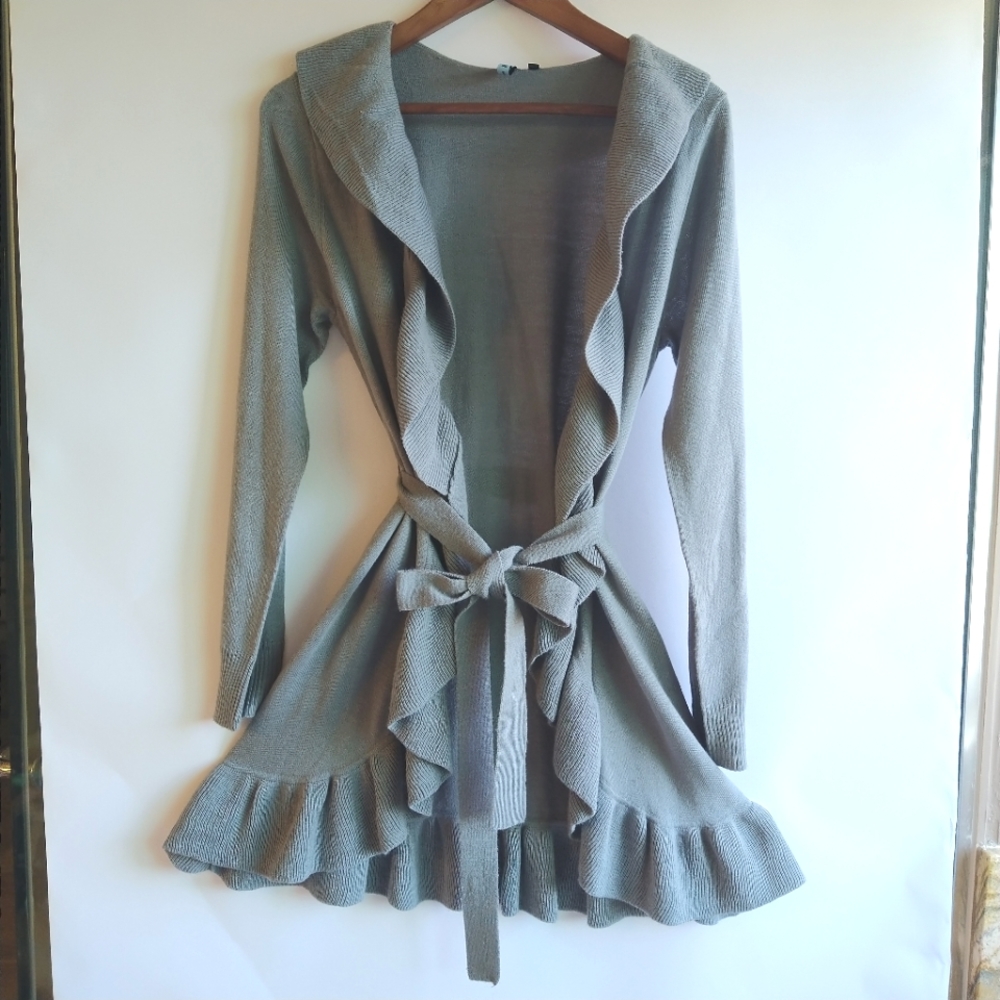 Gray belted Cardigan with ruffles
